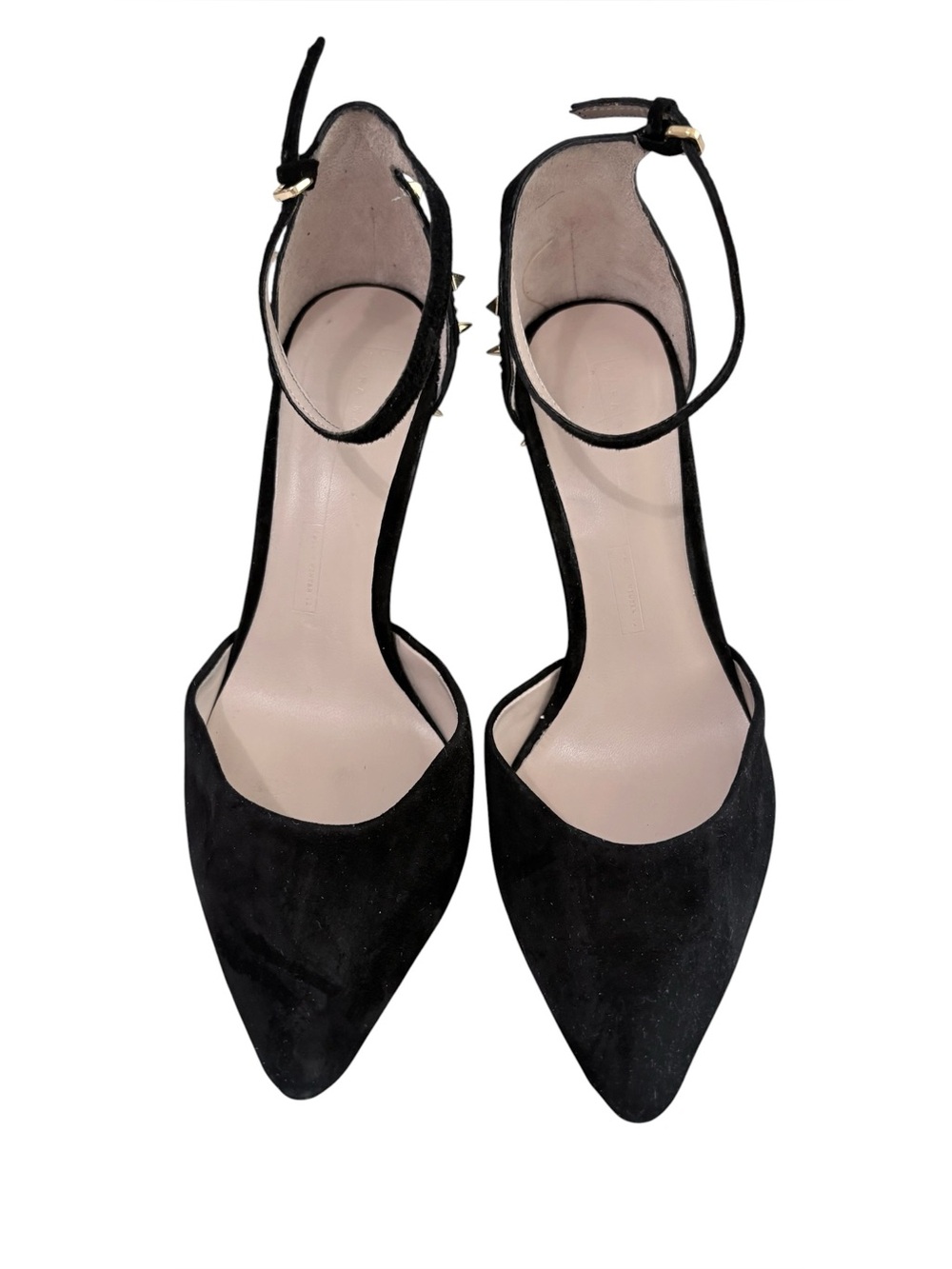 ZARA Woman Black Suede Pointed-Toe Ankle Strap Heels Gold Studs Accent Sz 37 - Picture 2 of 6